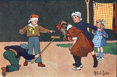 Colin maillard. Grabado en "¿A qué jugamos?" de E. Weber con dibujos acuarelados de Robert Salles (1871-1929). Librairie Garnier Freres, París de Robert Salles