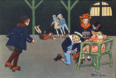 Patinaje sobre ruedas. Grabado en "¿A qué jugamos?" de E. Weber con dibujos acuarelados de Robert Salles (1871-1929). Librairie Garnier Freres, París de Robert Salles