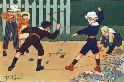 El trompo (juego de azotar). Grabado en "¿A qué jugamos?" de E. Weber con dibujos acuarelados de Robert Salles (1871-1929). Librería Garnier Freres, París de Robert Salles
