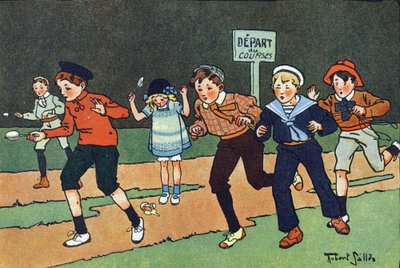 La carrera del huevo. Grabado en "¿A qué jugamos?" de E. Weber con dibujos acuarelados de Robert Salles (1871-1929). Librería Garnier Freres, París de Robert Salles