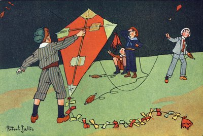 La cometa voladora. Grabado en "¿A qué jugamos?" de E. Weber con dibujos acuarelados de Robert Salles (1871-1929). Librairie Garnier Freres, París de Robert Salles