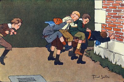 El caballo derretido (cuando saltas, debes saltar un califurchón sobre la espalda de otro niño, sin golpear a los demás). Grabado en "¿A qué jugamos?" de E. Weber con dibujos acuarelados de Robert Salles (1871-1929). Librería Garnier Freres, París. de Robert Salles
