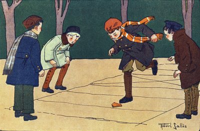 La rayuela. Grabado en "¿A qué jugamos?" de E. Weber con dibujos acuarelados de Robert Salles (1871-1929). Librería Garnier Freres, París de Robert Salles