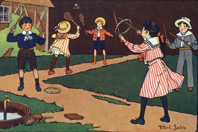 El volante y las gracias. Grabado en "¿A qué jugamos?" de E. Weber con dibujos acuarelados de Robert Salles (1871-1929). Librería Garnier Freres, París. de Robert Salles