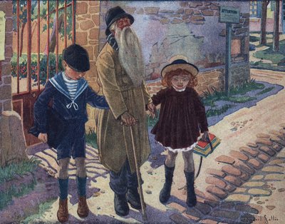 El bastón del ciego: dos niños ayudan a un anciano ciego a caminar. Ilustración de Robert Salles (1871-1929) en “Je sais Lire”. de Robert Salles