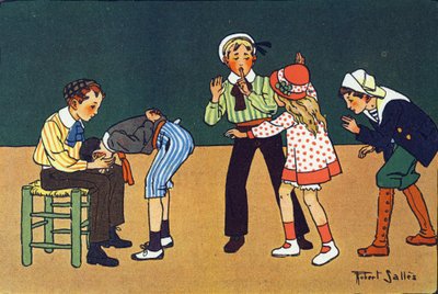 La mano caliente. Grabado en "¿A qué jugamos?" de E. Weber con dibujos acuarelados de Robert Salles (1871-1929). Librería Garnier Freres, París de Robert Salles