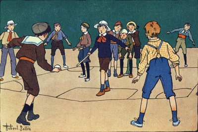 Theque (juego de equipo con pelota y palo). Grabado en "¿A qué jugamos?" de E. Weber con dibujos acuarelados de Robert Salles (1871-1929). Librairie Garnier Freres, París de Robert Salles