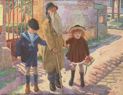 Dos niños ayudan a un anciano ciego que ha perdido su bastón (litografía en color) de Robert Salles