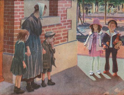 Dos niños ricos se encuentran con una madre pobre y sus hijos mendigando en la calle (litografía en color) de Robert Salles