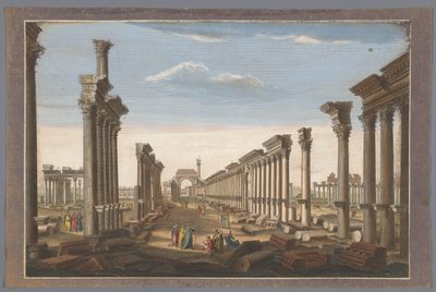 Vista de las ruinas del arco de la columnata en Palmyra, visto desde el lado oeste Los restos del gran templo de Palmira vistos desde el oeste (título sobre objeto) de Robert Sayer (possibly)