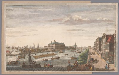 Gezicht op het Admiraliteitsmagazijn te Amsterdam Una vista del Almirantazgo en Ámsterdam, de los almacenes, muelles y dársenas que le pertenecen y a la Compañía de las Indias Orientales de Holanda (título sobre el objeto) de Robert Sayer (possibly)