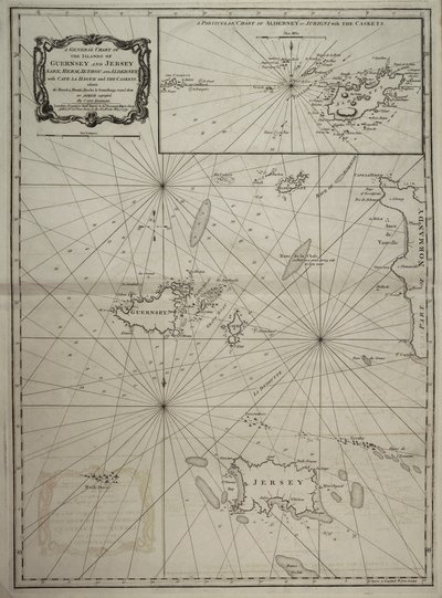 Carta general de las islas de Guernesey y Jersey, Sark, Herm, Jethou y Alderney, con el cabo de la Hague y los cofres. de Robert Sayer