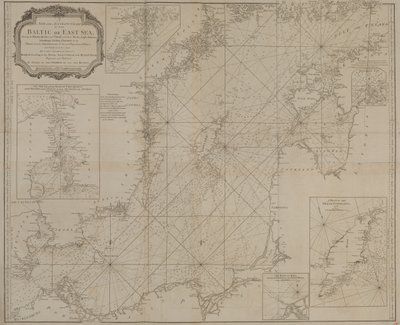 Una carta nueva y exacta del Mar Báltico o del Mar del Este que muestra las islas, rocas y bajíos con sus marcas, faros, sondas y canales de navegación. de Robert Sayer