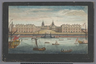 Vista del Hospital de Greenwich sobre el río Támesis en Greenwich Una perspectiva del Hospital de Greenwich desde el río (título sobre objeto) Londres (título de la serie) de Robert Sayer