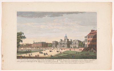 Vista del Desfile de la Guardia a Caballo en Londres con la partida de Jorge II Augusto, Rey de Gran Bretaña, a la Cámara de los Lores Una vista del desfile de St. James Park, los nuevos edificios para los guardias a caballo, el Almirantazgo con Su Majesta de Robert Sayer