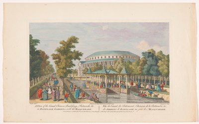 Vista de la Rotonda y el Pabellón Chino en el Canal en Ranelagh Gardens en Londres con un baile de máscaras Una vista del canal, edificio chino, Rotundo, &c. en Ranelagh Gardens, con la mascarada (título sobre objeto) Jardines de Ranelagh y Vauxhall G de Robert Sayer