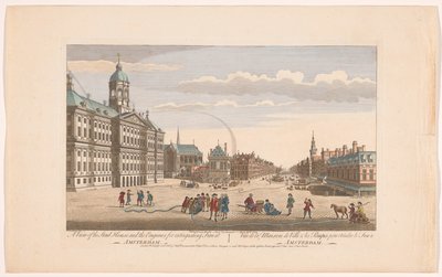 Vista del Ayuntamiento de Ámsterdam con los bomberos en la Plaza Dam Una vista de Stad House y los motores para extinguir incendios en Amsterdam (título sobre objeto) Holanda (título de la serie) de Robert Sayer