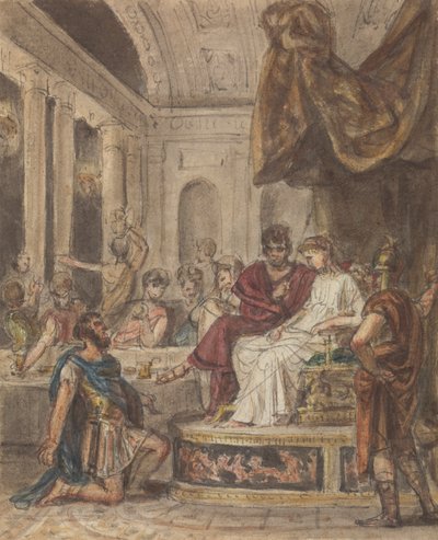 Escena de banquete, con un soldeir romano arrodillado ante una figura famale sentada en un trono de Robert Smirke
