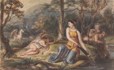Diana, diosa de la caza, con sátiros, Cupido dormido y un Pegaso en un paisaje boscoso de Robert Smirke