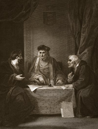 Enrique VII con Empson y Dudley, grabado por Worthington, ilustración de 