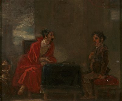 Ilustración para Don Quijote, Dos figuras en una mesa de Robert Smirke