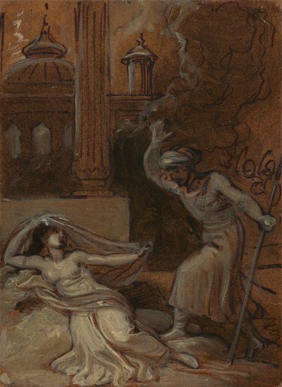 Ilustración para un romance oriental, posiblemente "Las mil y una noches" (con figura femenina recostada a la izquierda). de Robert Smirke