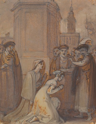 Isabel y Mariana arrodilladas ante el duque de Robert Smirke