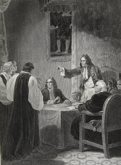 Los obispos ante el Consejo Privado, grabado por George Noble, ilustración de 