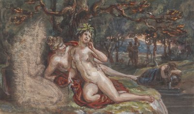 Escena boscosa con una pareja tumbada bajo un árbol, junto a un arroyo de Robert Smirke