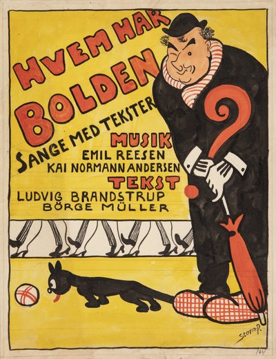 Forlæg til titelblad til "Hvem har Bolden". Retrato caricaturizado de Carl Alstrup de Robert Storm Petersen