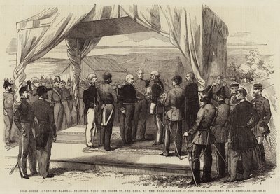 Lord Gough invistiendo al Mariscal Pelissier con la Orden del Baño, en el Cuartel General en Crimea de Robert Thomas Landells