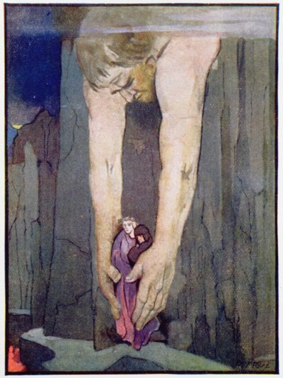 Antaeus colocando a Virgilio y Dante en el Último Círculo del Infierno, c.1910 (litografía en color) de Robert Traill Rose
