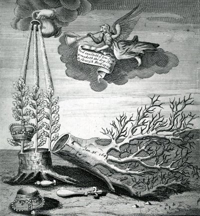 Impresión emblemática referente a la ejecución de Carlos I y la sucesión de los Estuardo, 1715 de Robert Vaughan