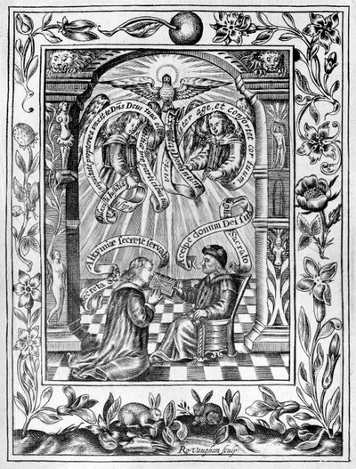 Thomas Norton presentando su Ordinall a Eduardo IV de Theatrum Chemicum Britannicum, 1652 de Robert Vaughan