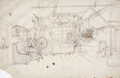 Un interior con tres personas: una en la cama tomando café, otra en la mesa comiendo gachas y otra junto al centeno. de Robert Wilhelm Ekman