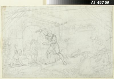 Orfebrería, boceto para una serie de dibujos animados sobre el tema del Kalevala ; Ensayo para el personaje Ilmarinen en la poule delantera (trabajo a doble cara) de Robert Wilhelm Ekman