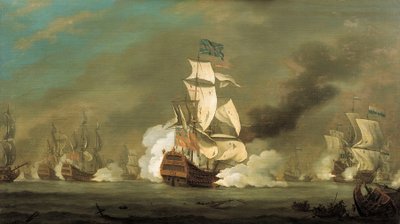 Una batalla entre barcos ingleses y holandeses, principios del siglo XVIII (óleo sobre lienzo) de Robert Woodcock