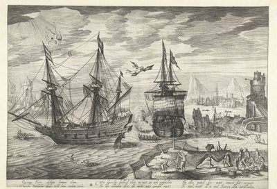 Puerto con barcos, en el cielo la caída de Ícaro de Robert de Baudous
