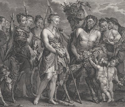 Diana regresando de la caza, acompañada por perros y sus ninfas a la izquierda, dos sátiros de Robert de Launay