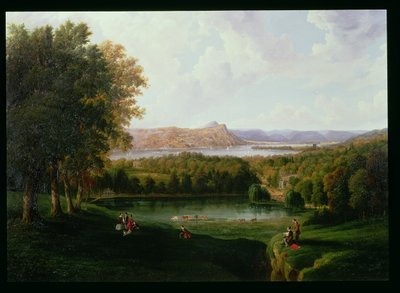 Vista desde Tarrytown del río Hudson, Iglesia Vieja Holandesa y Beckham Manor, 1866 de Robert the Younger Havell