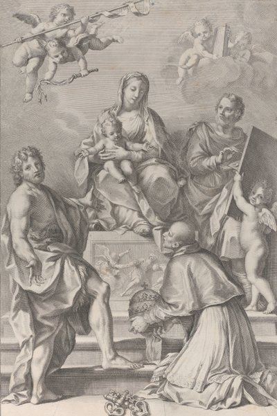 Madonna y Niño en el centro con San Juan Bautista, San Lucas, Papa Pedro Celestino, 1694 de Robert van Audenaerde