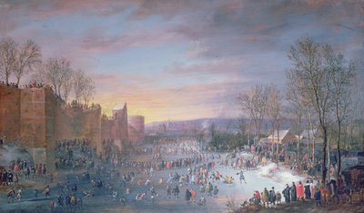 Patinaje sobre hielo en el Stadtgraben en Bruselas, 1649 de Robert van den Hoecke