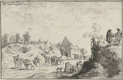 Muchas figuras en un camino cerca de un pueblo de Robert van den Hoecke