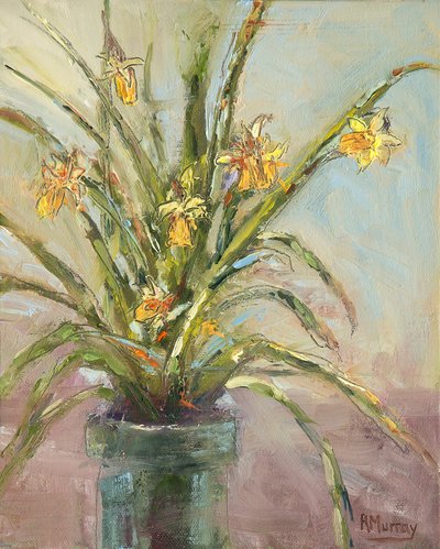 Teñir narciso, 2019 (óleo y carboncillo sobre panel) de Roberta Murray