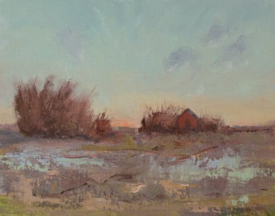 Granaries By The Slough, 2023 (óleo sobre panel de lino) de Roberta Murray