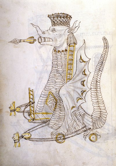 Arabica machina. Ilustración de una máquina de guerra árabe en forma de dragón con una flecha gigante saliendo de la boca. En 