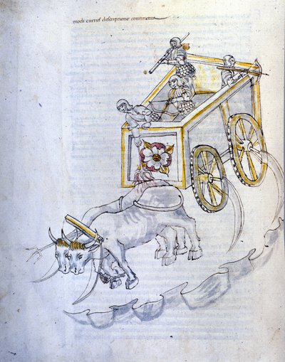 Arte de la guerra: estudio sobre las máquinas militares. carro de asalto equipado con hoces, ilustración de 