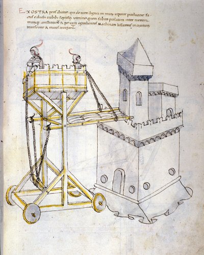 Arte de la guerra: estudio sobre las máquinas militares. torre de asalto para asediar las torres, ilustración de 
