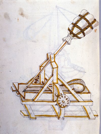 Arte de la guerra: estudio sobre las máquinas militares. una catapulta, ilustración de 