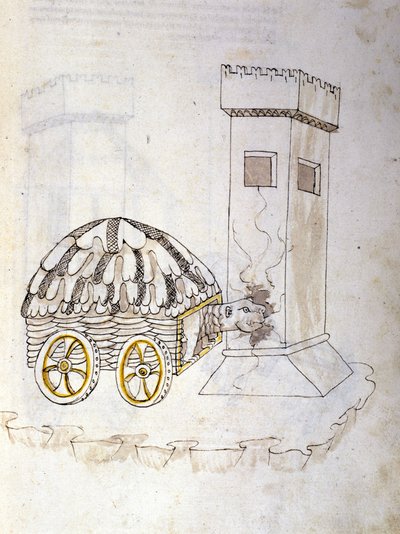 Arte de la guerra: estudio sobre las máquinas militares. una máquina equipada con una coraza asaltando una torre, ilustración de 